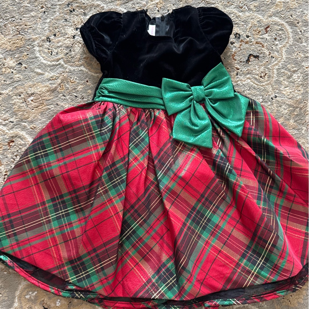 Girls Red Plaid & Black Velvet Holiday Dress with Green Bow